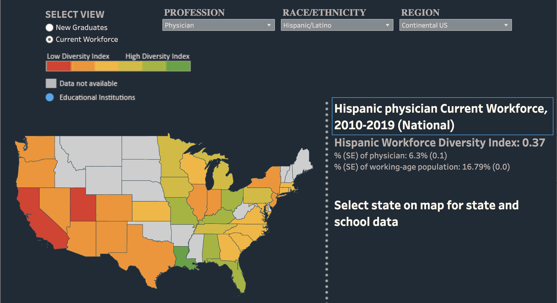 US Map showing hispanic physician workforce from 2010-2019